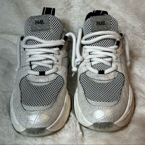 P448 Luke White Zebra Chunky Trainers Dad Sneakers Mesh & Iridescent Leather - Picture 4 of 10